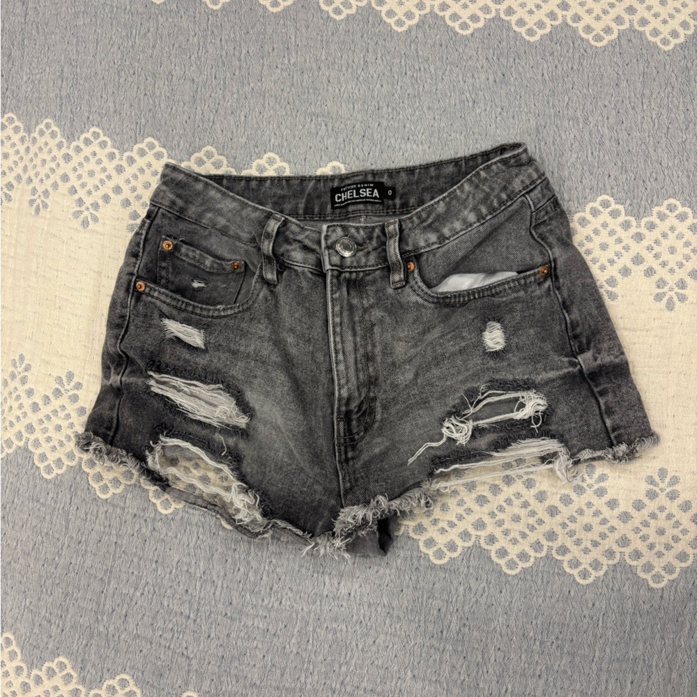 Distressed Black Denim Shorts